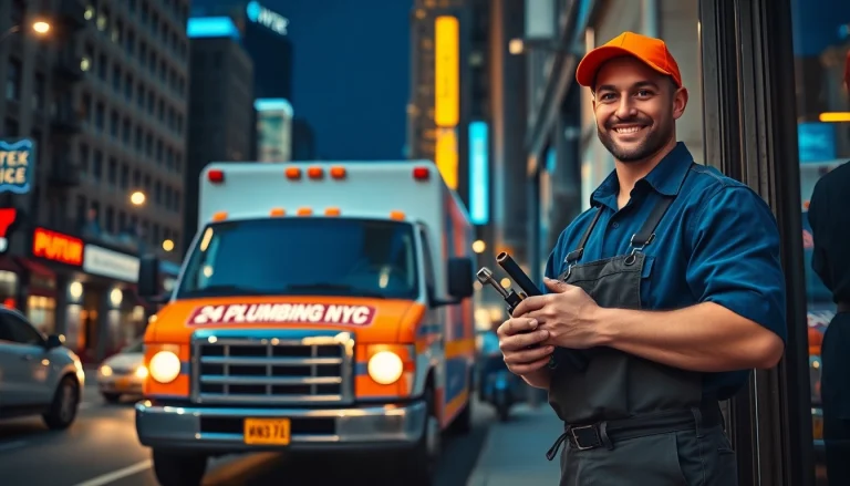 24 hour plumber nyc assisting a homeowner on a NYC street at night, showcasing professionalism and urgency.