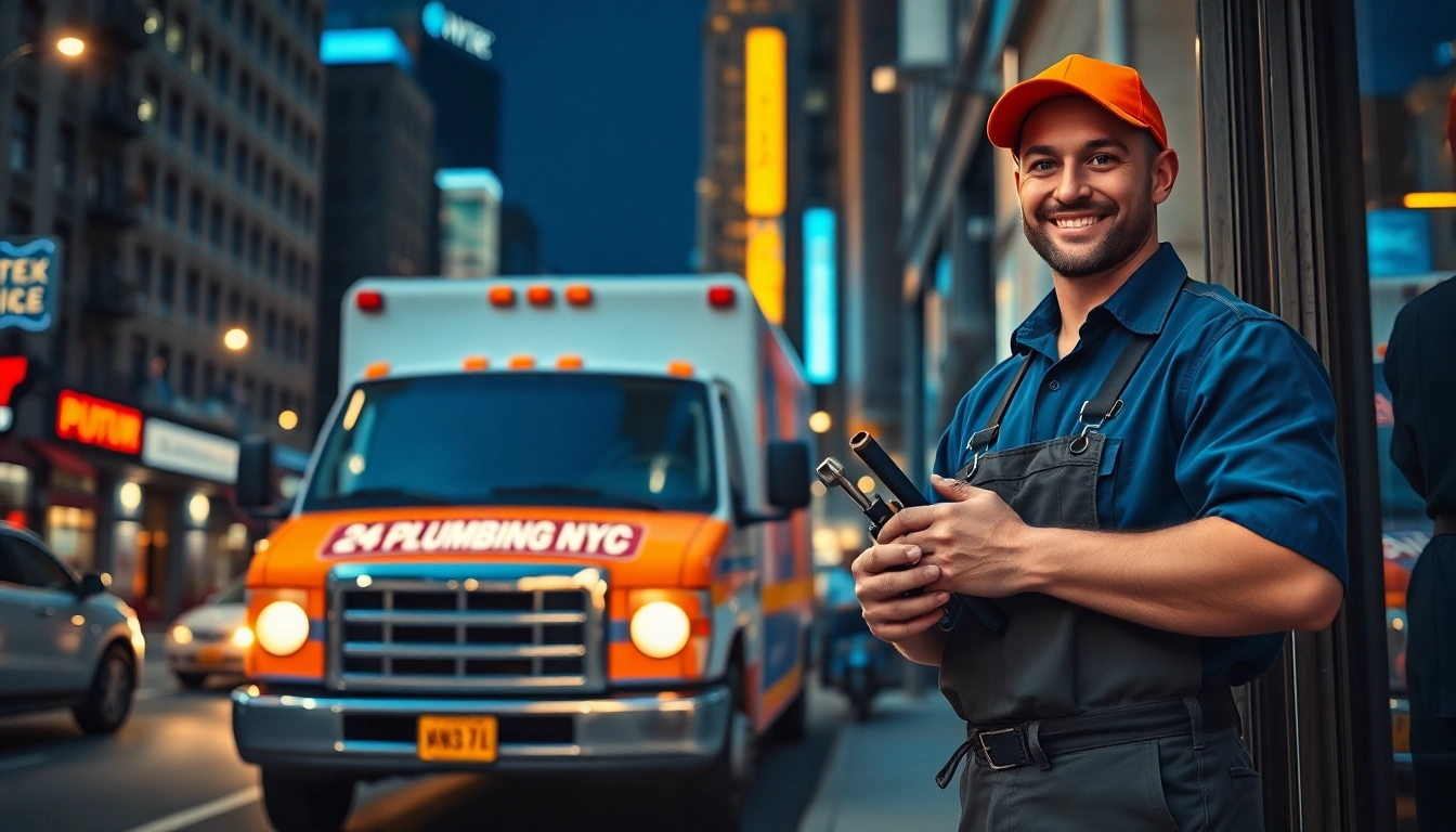 24 hour plumber nyc assisting a homeowner on a NYC street at night, showcasing professionalism and urgency.