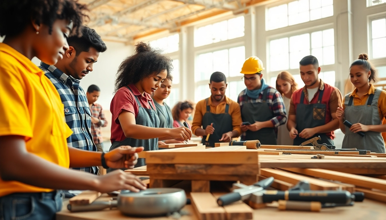 Engaging construction craft training session with diverse students in a vibrant workshop.
