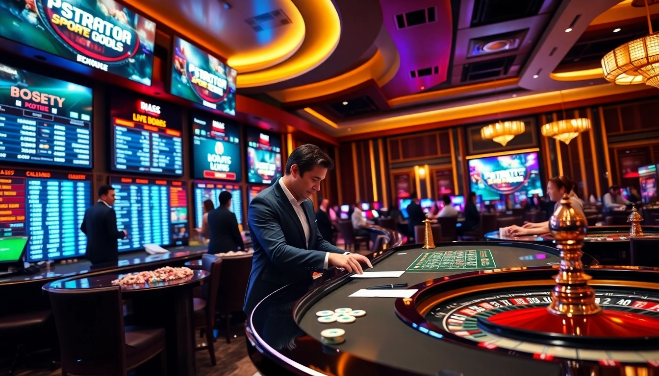 Kèo bóng đá betting excitement in a luxurious casino with live odds displays and engaged players.